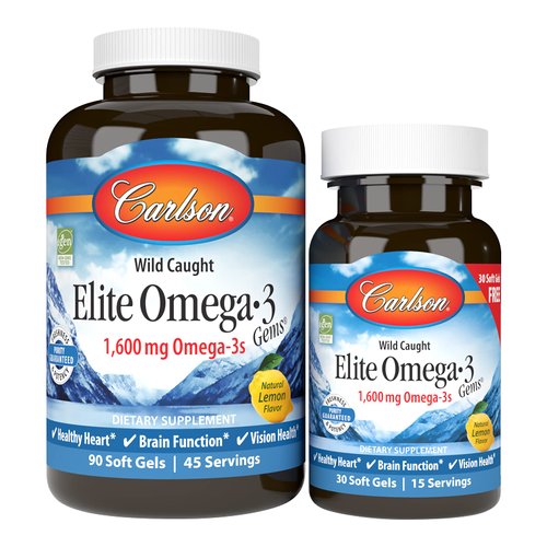 Carlson - Elite Omega-3 Gems,1600 mg Omega-3 Fatty Acids Including EPA and DHA,Norwegian, Wild-Caught fish oil Supplement,Sustainably Sourced Capsules, Lemon, 90+30 Softgels
