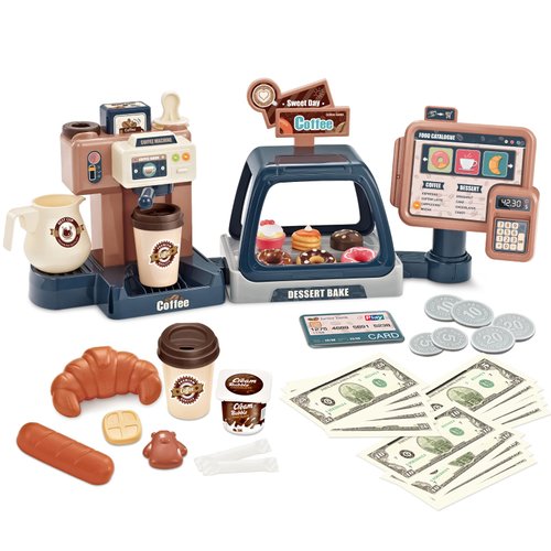 Pretend Role Play Toy Kids Coffee Maker Playset, ACROFEK Toy Coffee Maker with Sound Light, Play Coffee Maker Set for Kids with Fake Donuts (41PCS)