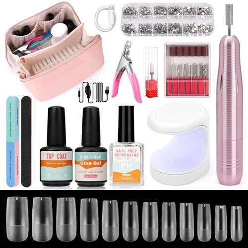 Wilfniee Gel X Nail Kit for Beginner, Gel Nail Tips and Glue Gel Kit with 6 in 1 Nail Glue, Nail Prep Dehydrator, Top Coat and 480PCS Coffin Nails Tips Fake Nails Kit Easy Nail Extension Set