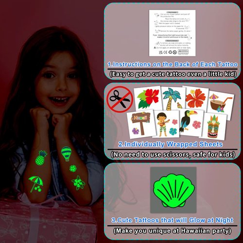 Partywind 204 Styles Luminous Hawaiian Party Supplies for Kids, Individually Wrapped Sheets Glow Hawaiian Luau Temporary Tattoos for Boys Girls Goodie Bag Stuffers, Beach Party Decorations