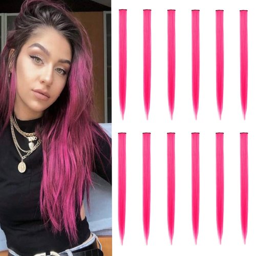 12 PCS Colored Hair Extensions, SOYZMYX Multi-color Party Highlights Clip in Synthetic Hair Extensions, 22 inch Colorful Hair Accessories for Girls Women Kids Hairpieces in Halloween (Hot Pink)