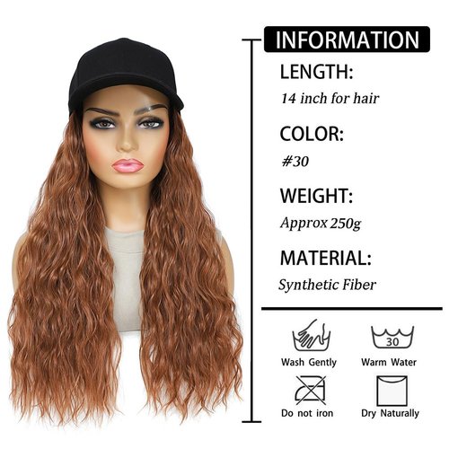 GUOJIAN Hat Wigs for Women Baseball Cap with Curly Hair Extensions Adjustable Hat with Synthetic Curl Hair Attached for Girls (#30, 14inch)