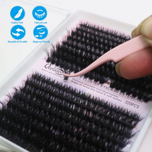320pcs Fluffy Lash Clusters 60D/80D Mixed Qeelasee Thick Lash Clusters Qeelasee Eyelash Extensions D Curl Wispy Individual DIY Mink Eye Lashes Natural Volume Mix 9-16mm For Beginners