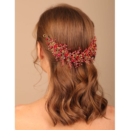 Denifery Red Wedding Headpiece Bridal Hair Vine Tiara with Red Rhinestones Boho Vines Romantic Headband Wedding Hair Accessory