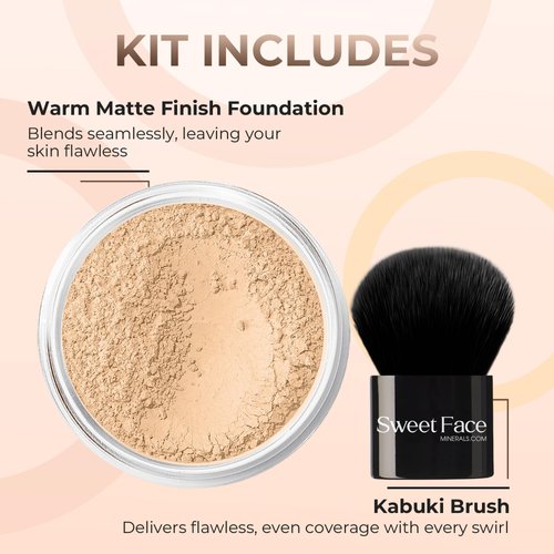 2pc FOUNDATION with KABUKI BRUSH Mineral Makeup (WARM Neutral Shade-Most Popular) Matte Loose Powder Bare Face Cosmetics Full Coverage Long Lasting All Skin Types SPF 18