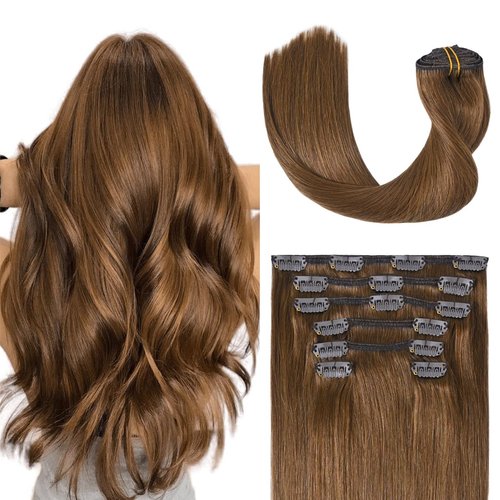 UGOTRAYS Light Brown Hair Extensions Clip in Human Hair 15 Inch 70g 7pcs Remy Hair Silky Straight 16clips One Pack #6 Chestnut Brown Hair Extensions