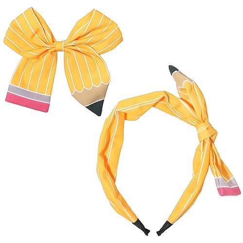Doneace Back To School Headband for Girls, Yellow Pencil Hair Bow Clips for Girls Kids, Cute Pencil Knotted Hairbands, School First Day Teacher Students Toddler Hair Accessories Gifts 2Pcs (Yellow)