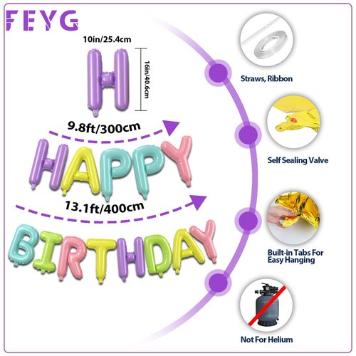 Macaron Rainbow Happy Birthday Balloons Banner,16 Inch Mylar Foil Letters Set,Inflatable Reusable Party Decor,for Women,Men,Kids Boys & Girls Birthday Decorations DIY Party Supplies