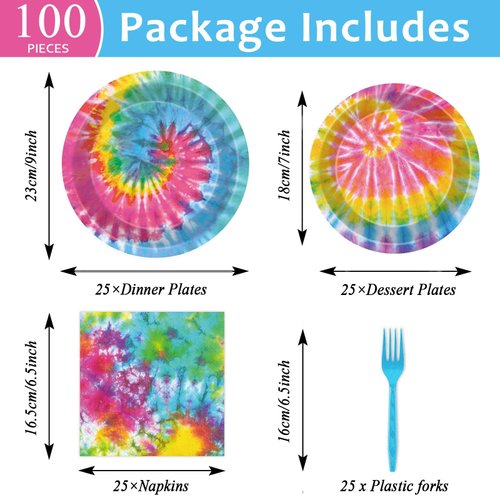 100 Pcs Tie Dye Party Plates and Napkins Set Tie Dye Birthday Party Decorations Girls Tie Dye Supplies Tie Dye Tableware Tie Dye Themed Party Favors for Boys Birthday Party Decorations Serves 25