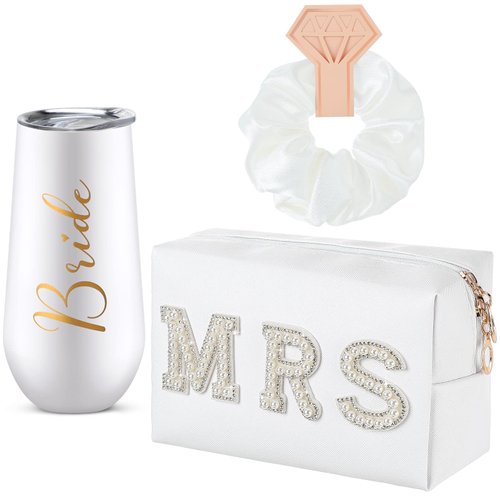 Karenhi 3 Pcs Wedding Bride Gift Set Include 6 oz Stainless Steel Wine Tumbler Bride Letter Cosmetic Toiletry Bag Silk Scrunchies Letter Patches Makeup Bag Hair Tie Wedding Gifts for Bride