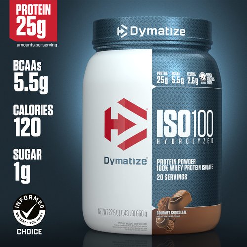 Dymatize ISO100 Hydrolyzed Protein Powder, 100% Whey Isolate, 25g of Protein, 5.5g BCAAs, Gluten Free, Fast Absorbing, Easy Digesting, Gourmet Chocolate, 20 Servings