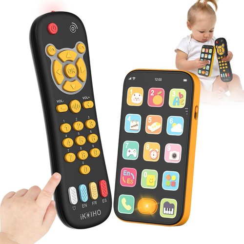 Toy Phone Baby Remote Control Toy Set, Play Phones TV Remote Control with Music Light for 6+ Months, Early Learning Baby Toys Gift for 1 Year Old Boys Girls Kid Toddler Infant, English/Spanish, Orange