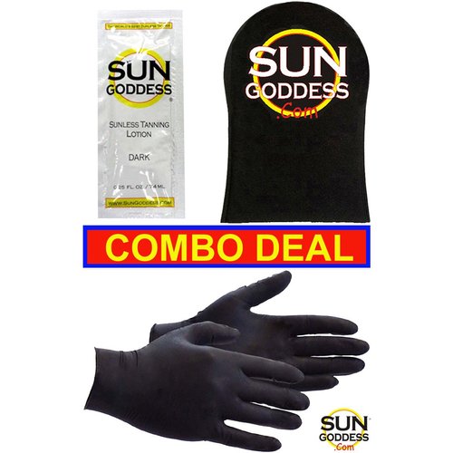 Sun Goddess - Best Combo Deal - Includes: 1 Sunless Self Tanner Lotion Sample + 1 Sunless Self Tan Applicator Mitt + 1 PAIR Sunless Self Tanning Application Gloves - Self Tanning Lotion Mitt Gloves