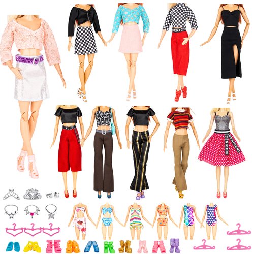 Keysse New Modern Doll Clothes and Accessories - 39 Items Gift Set , 10 Sets Modern Series Fashion Outfit Include 5 Dresses, 5 Top 5 Pants and 3 Swimsuit, 22 Accessories
