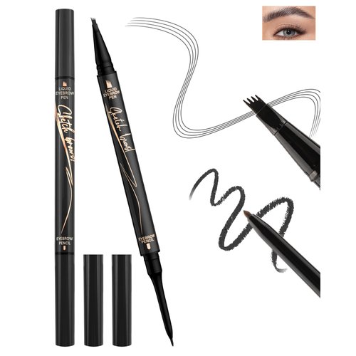 3D Microblading Eyebrow Pen, Black Dual-Ended Brow Pencil with 4-Fork-Tip Liquid Brow Pen &Ultra Fine Retractable Eyebrow Pencil, Waterproof Longlasting Eyebrow Filler Makeup for Women Natural Bows-04