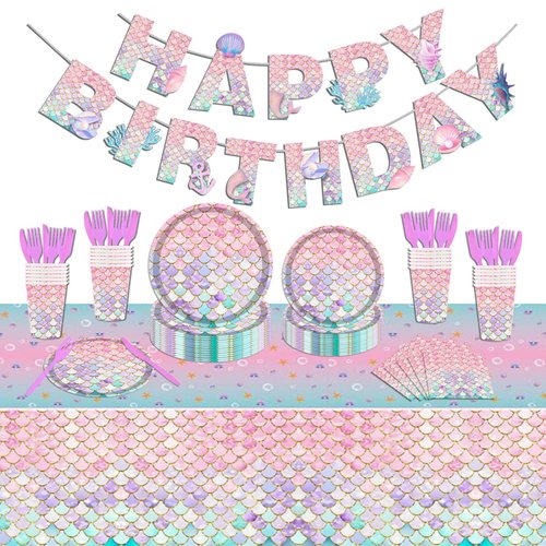 Poqirzan 122PCS Mermaid Birthday Party Supplies Serve 20 Pink Mermaid Tableware Set for Kids Pink Girls Mermaid Birthday Party Decorations Include Banner Tablecloth Plates Napkins Cups Forks Knives