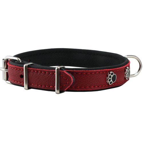Genuine Red Leather Metal Paw Studs Soft Red Leather Padded Dog Collar 5/8" Wide. Fits 10"-12" Neck.