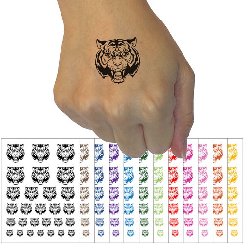 Fierce Tiger Face Temporary Tattoo Water Resistant Fake Body Art Set Collection - Dark Blue (One Sheet)