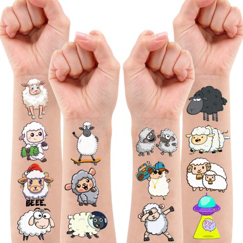 100PCS Sheep Lamb Temporary Tattoos Stickers Theme Eid Mubarak Birthday Party Decorations Favors Supplies Cute Farm Barnyard Animal Tattoo Gifts For Kids Boys Girls School Rewards Prizes Carnival