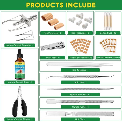 XIFEPFR Ingrown Toenail Tools Kit, Ingrown Toenail Treatment, Stainless Steel Ingrown Toenail Removal Kit, Ingrown Toenail Corrector, Corrector Patch, Toenail Clipper, Nail File Lifter Pedicure Tool