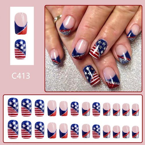 4th of July Press on Nails Medium Square Fake Nails Red Blue White French Tip False Nails Press ons Stars Silver Glitter Glue on Nails Glossy Artificial Independence Day for Girls 24Pcs
