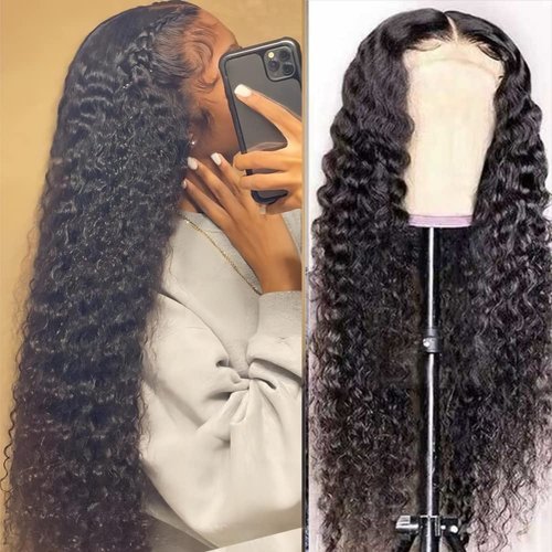 Tzihaano Wigs Deep Wave 4x4 Lace Front Wigs Human Hair 150% Density 24 Inch Deep Wave Brazilian Remy Human Hair Wig For Black Women Pre Plucked HD Transparent Lace Closure Wigs Human Hair