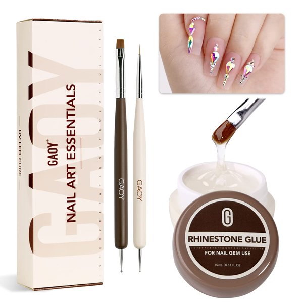 GAOY Rhinestone Glue for Nails, 15ml UV Nail Gem Glue Gel with 2 Nail Art Brushes, for Nail Charms, Diamonds and Jewels