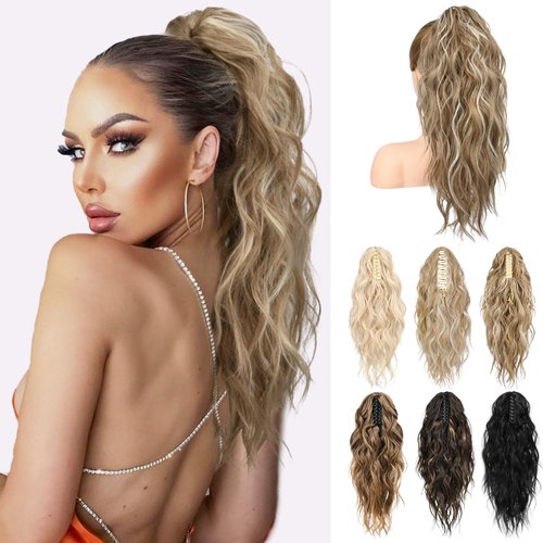 LONAI Ponytail Extension, 18" Wavy Claw Clip Ponytail Extensions ZJ001 Shoulder Length Curly Wavy Claw Clip in Ponytail Hair Extensions Synthetic Fake Pony tails Hairpieces-Dark Blonde with White Blonde Highlights