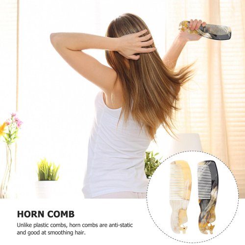 2pcs Buffalo Ox Horn Comb Handmade Engraving Anti- Static Detangling Hair Massage Horn Comb for Men Women (Random Color)