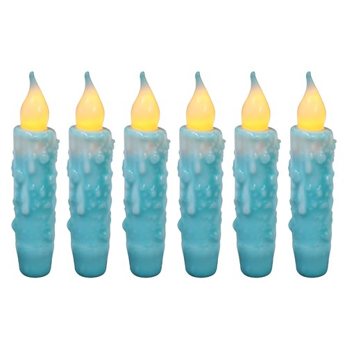 CVHOMEDECO. Real Wax Hand Dipped Battery Operated LED Timer Taper Candles Rustic Primitive Flameless Lights Decor, 4-3/4 Inch, Teal, 6 PCS in a Package