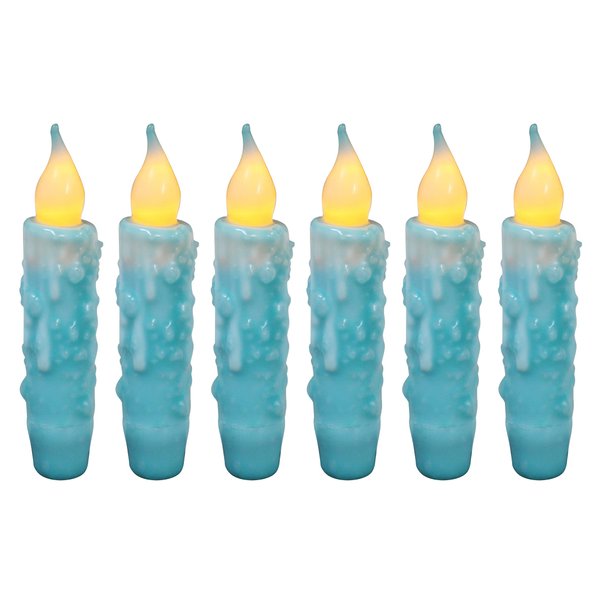 CVHOMEDECO. Real Wax Hand Dipped Battery Operated LED Timer Taper Candles Rustic Primitive Flameless Lights Decor, 4-3/4 Inch, Teal, 6 PCS in a Package