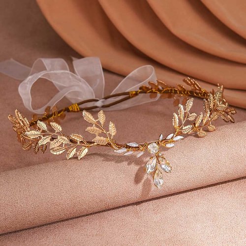 Gortin Elf Headpiece Gold Leaf Crown Rhinestones Fairy Headband V-Shape Hair Tiara Bride Wedding Wreath Headband Renaissance Bridal Hair Acessories Halloween Cosplay Costume Headwear for Women and