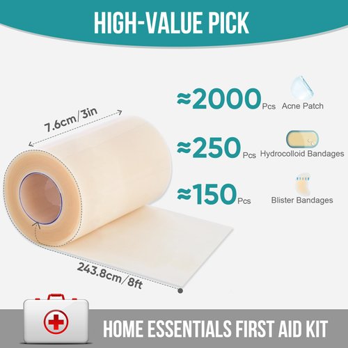 Hydrocolloid Roll for Wound Care, Hydrocolloid Patch Bandages with Self-Adhesive, Bed Sore Bandages, Highly Absorbent for Burn, Blister, Acne Care, Sterile and Waterproof (3in x 8ft)