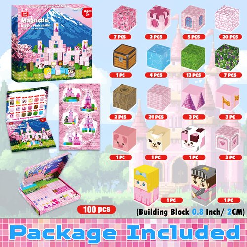 Annexfun Magnetic Blocks - 100PCS Magnetic Building Blocks Pink Castle Princess Castle Garden STEM Cubes for Toddler Kids Toys, Construction Toys for Kids Ages 3+, Christmas Birthday Gifts for Girls