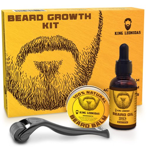 King Leonidas Beard Growth Kit w/Derma Roller 0.25 mm Microneedling Tool for Men, Professional Facial Hair Care Grooming w/Beard Balm & Beard Oil