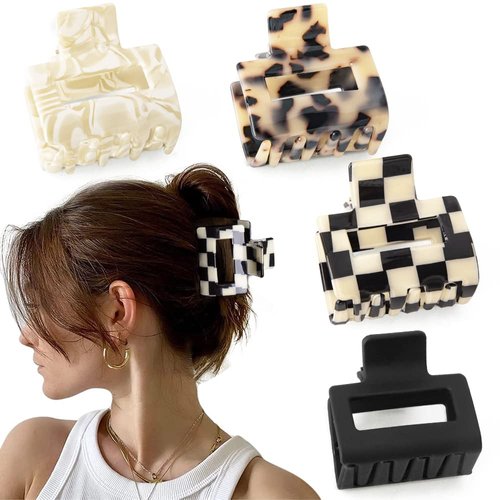 Bmobuo Checkered Tortoise Hair Clips for Women - 4Pcs 2" Small Acetate Claw Barrettes for Thick & Thin Hair