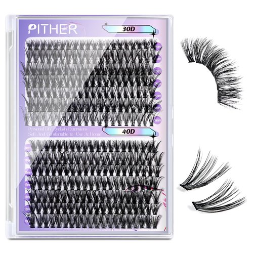 Lash Clusters, PITHER 280pcs 30D+40D DIY Eyelash Extension 0.07mm 9-16mm Mix Individual Lashes Super Thin Band Soft for Beginners DIY at Home