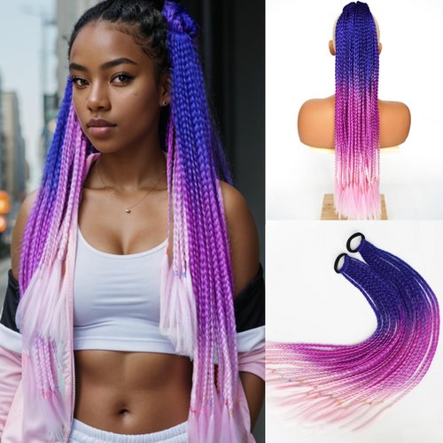 Colored Braids Hair Extensions with Rubber Bands Rainbow Braided Ponytail Synthetic Wigs for Kids Twist Dreadlock Highlights Girls Party Rave Festival Glitter Hair Extensions Purple 24 Inch (2 pcs)