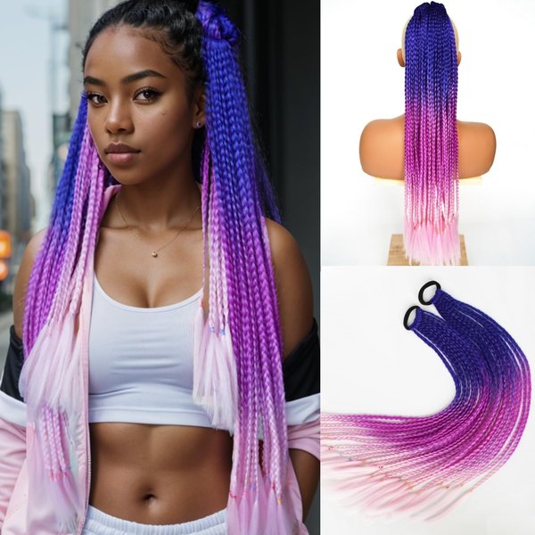 Colored Braids Hair Extensions with Rubber Bands Rainbow Braided Ponytail Synthetic Wigs for Kids Twist Dreadlock Highlights Girls Party Rave Festival Glitter Hair Extensions Purple 24 Inch (2 pcs)