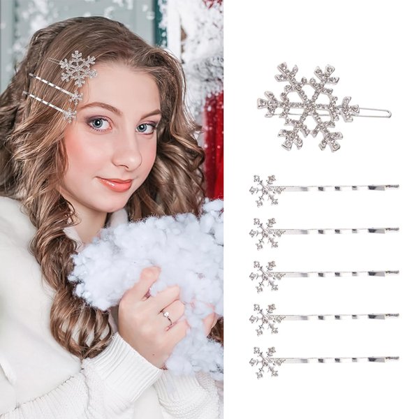 6 Pcs Snowflake Hair Clips Rhinestone Snowflake Hairpins Alloy Bobby Pins Winter Hair Barrettes for Women Christmas Wedding Party Hair Accessories (White)