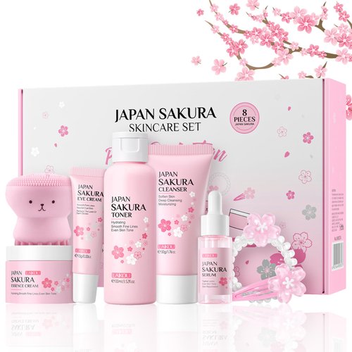 Sakura Skincare Set Facial Kit - Skin Care Gift Set for Girls/Women's, Facial Skin Care Sets & Kits with Beauty Gift Box, Japanese Skin Care Products Hydrating&Anti-Aging Skin - TSA-Friendly 8Pcs
