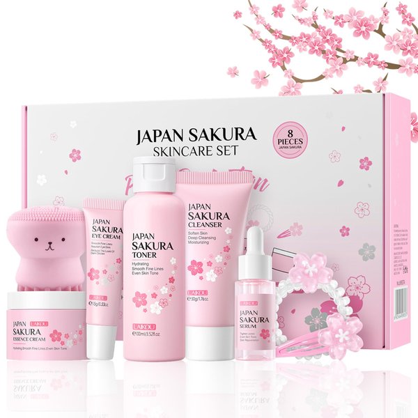 Sakura Skincare Set Facial Kit - Skin Care Gift Set for Girls/Women's, Facial Skin Care Sets & Kits with Beauty Gift Box, Japanese Skin Care Products Hydrating&Anti-Aging Skin - TSA-Friendly 8Pcs