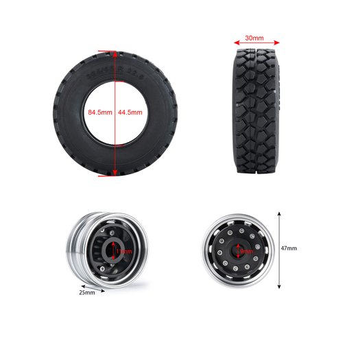 Que-T Metal Front Wheel Rims Hubs & Rubber Tires for 1/14 RC Tamiya Tractor Climbing Trailer Car, Pack of 2