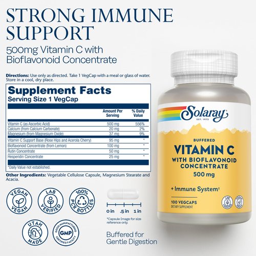 SOLARAY Buffered Vitamin C 500mg - with Bioflavonoids, Rose HIPS and Acerola Cherry - Immune Support Supplement - Easy to Digest, Vegan, Lab Verified, 60-Day Guarantee - 100 Servings, 100 VegCaps