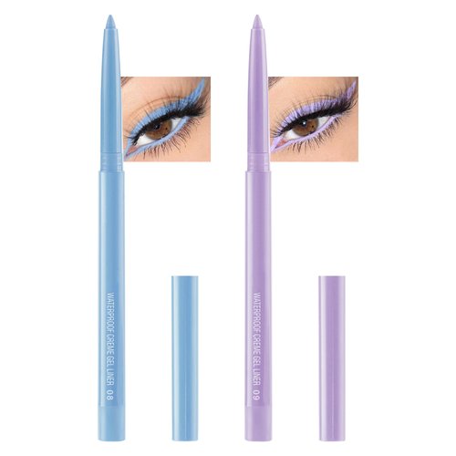 Light Blue & Purple Gel Eyeliner,2 Colors Eyeliner Crayon Pencil,Waterproof Long Wear Smudge-Proof Retractable Eyeliner Pen,Matte Cream Waterline Eyeliner Delineador De Ojos Makeup for Festival(08+09)
