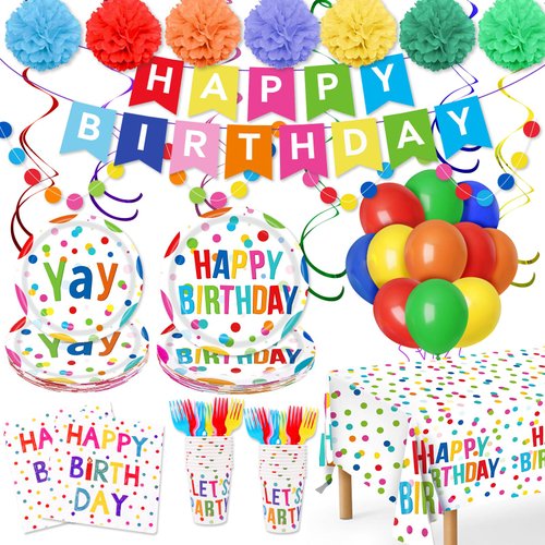 Happy Birthday Decorations, 156pcs Birthday Party Decorations with Rainbow Birthday Party Supplies Set Bundle with Birthday Plates and Napkins, Banner, Cups, Balloons Boys/Girls(Serves 24)