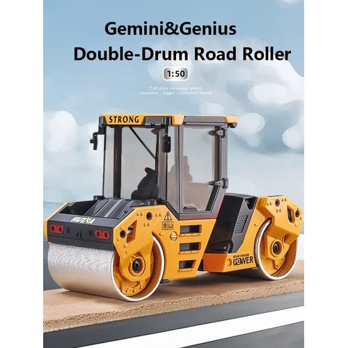 Gemini&Genius Double-Drum Road Roller Toy Construction Vehicle Toy 1/50 Scale Die-cast Grader Engineering Road Planer Vehicle, Asphalt Drum Compactor Alloy Model Toys and Collections for Kids