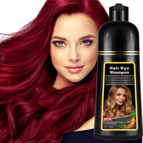 Instant Wine Red Hair Dye Shampoo for Gray Hair 3 in 1, Natural Wine Red Hair Shampoo for Women Men Black Colors, 100% Coverage Herbal Ingredients Long Lasting Effect Black Hair Dye 16.9 Fl Oz