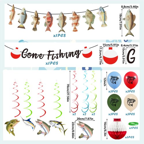 Gone Fishing Party Decorations Kit Include Hanging Banner Hanging Swirl Balloons Honeycomb Ball Fishing Party Supplies for for Fishing Theme Party Birthday Baby Shower Party Favor
