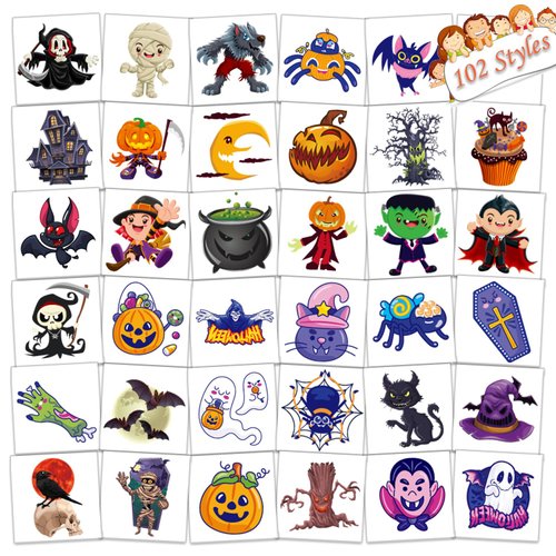 UVUXO 102 PCS Halloween Individually Wrapped Temporary Tattoo for kids - Pumpkin/Ghost/Candy Temporary for Girls Boy Body Arm Shoulder Tattoos Stickers,Halloween Decorations,Party Supplies
